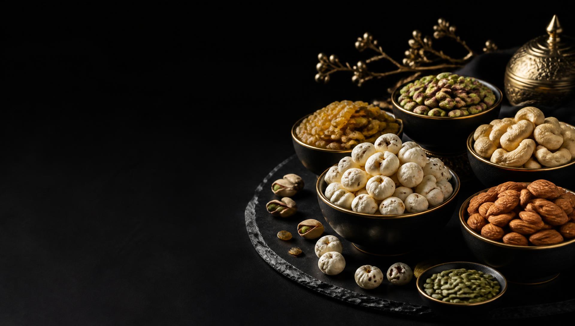 Premium dry fruits, makhana, cashews, almonds and pistachios in gold-rimmed black bowls